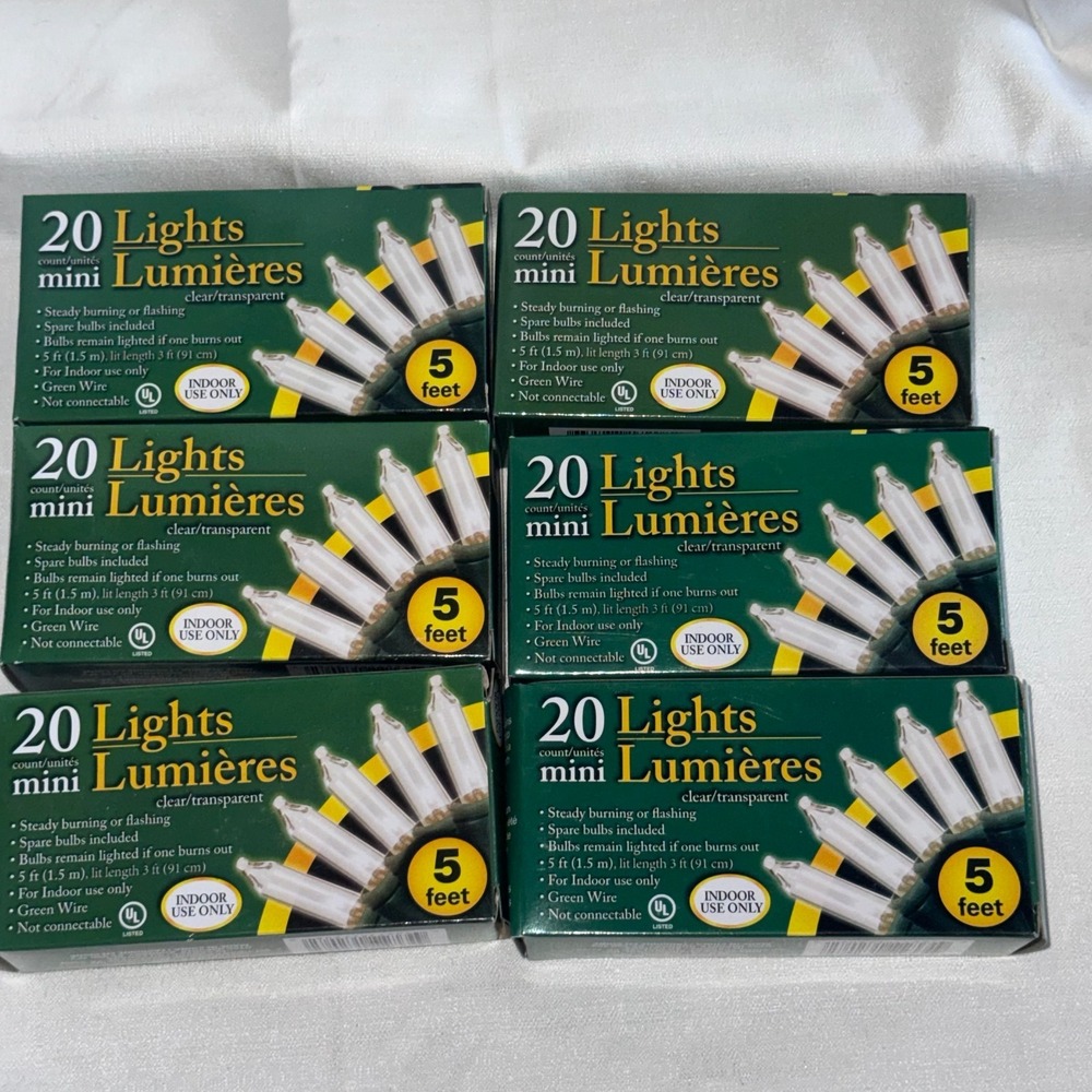 6 Pack Mini Christmas Lights 20 Bulbs HOLIDAY DECOR Green Wire CLEAR LIGHTS 5 Ft